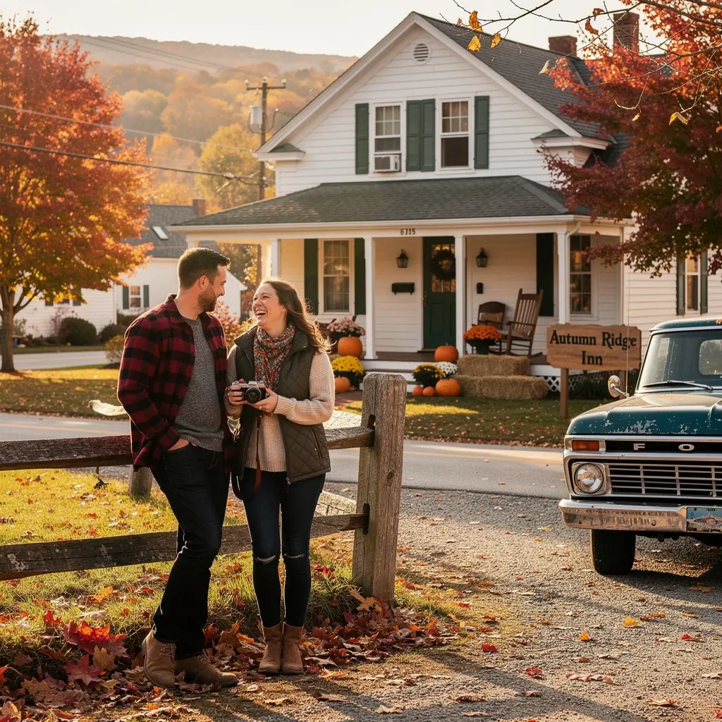 Уютный сельский отель, окруженный золотыми и красными деревьями.