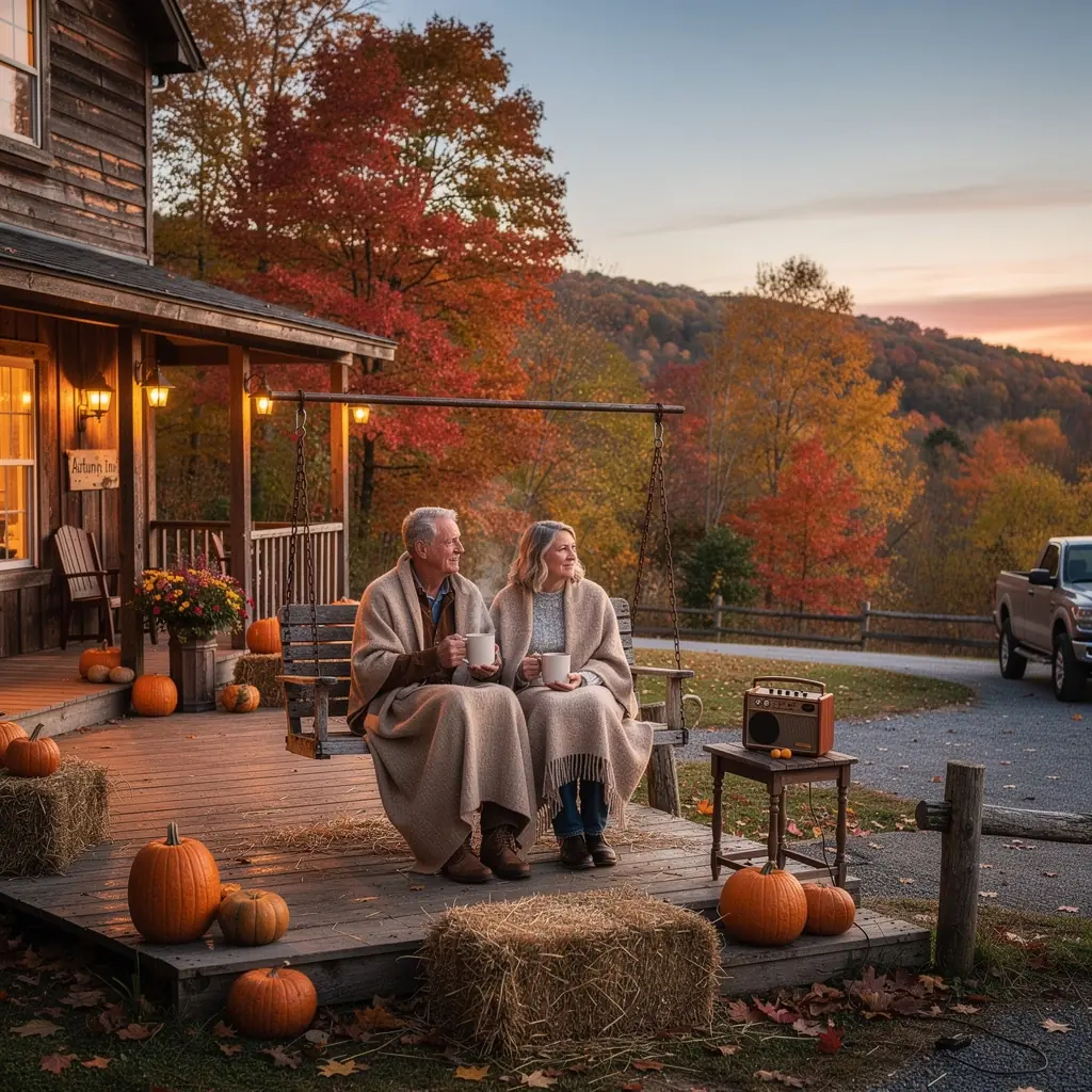 Уютный сельский отель на фоне золотых деревьев.