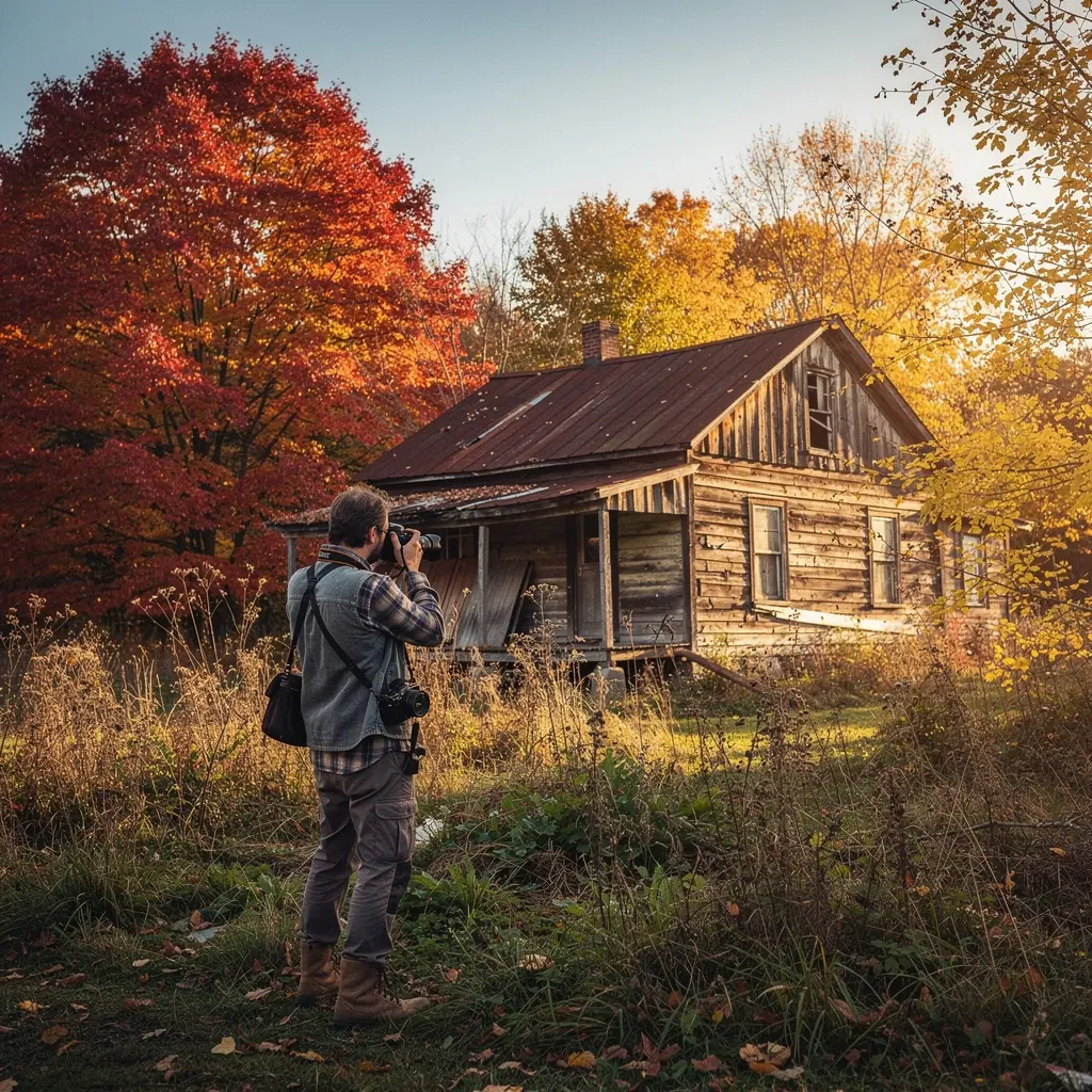 Дорога, окружённая деревьями с золотыми и красными листьями, в утреннем свете.