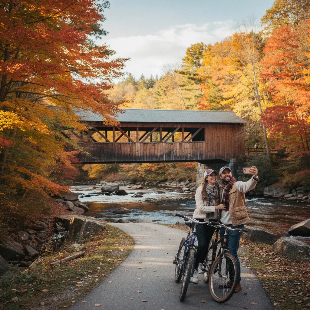 Осенние пейзажи Новой Англии с яркими листьями.