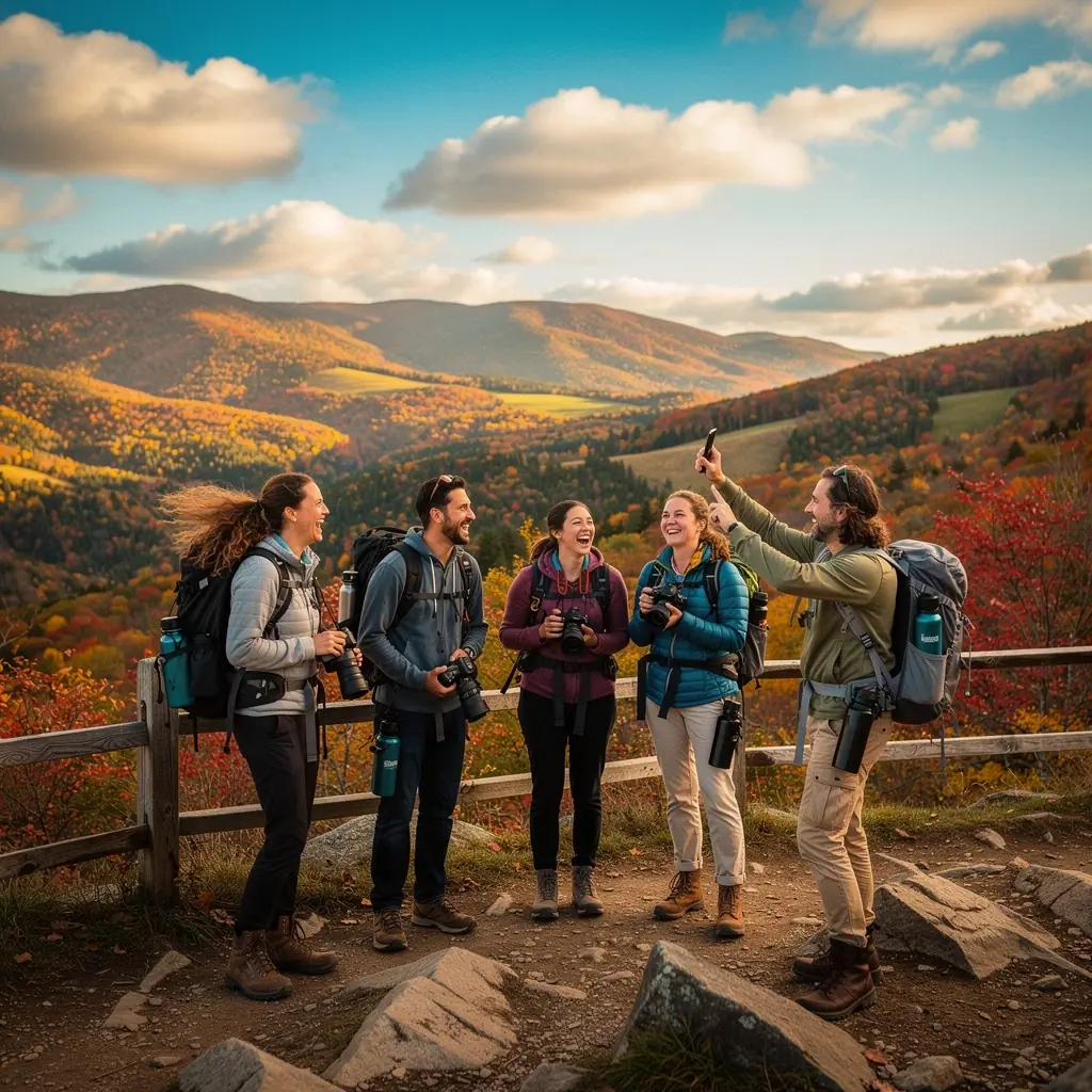 Яркие осенние листья на фоне живописного пейзажа Новой Англии.