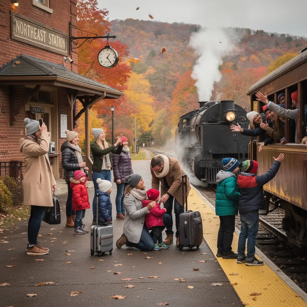 Уютный сельский отель на фоне гор, окруженный красочными осенними деревьями.