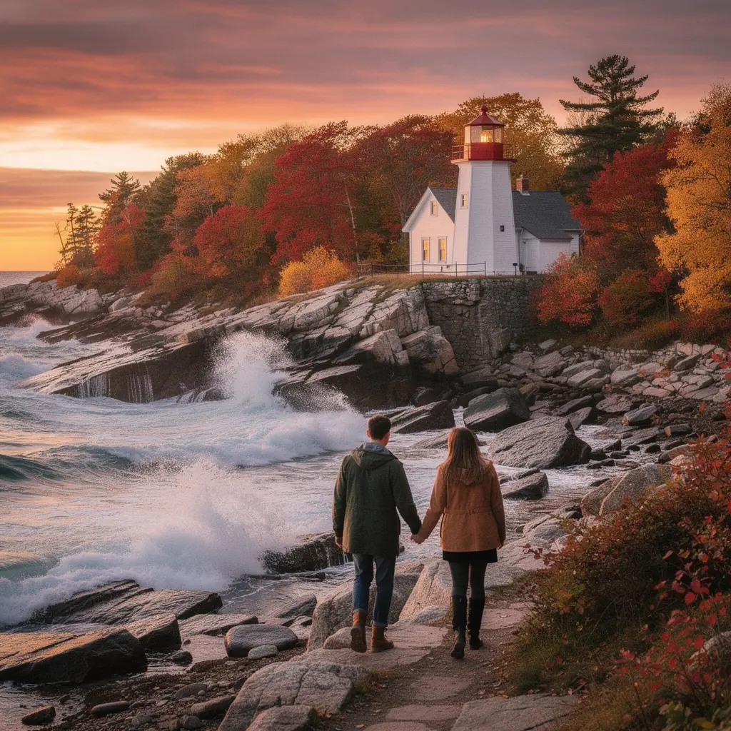 Яркие осенние листья на фоне живописной дороги в Новой Англии.